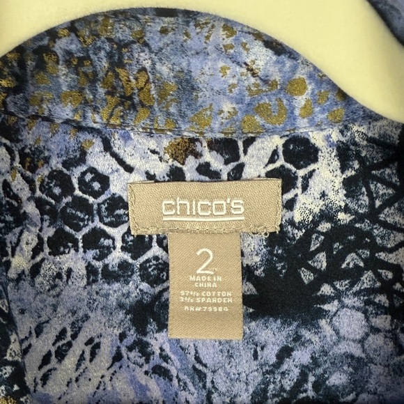Chico's Chic Blue Black & Gray Bold Abstract Animal Inspired Button Down Blouse - Picture 3 of 10